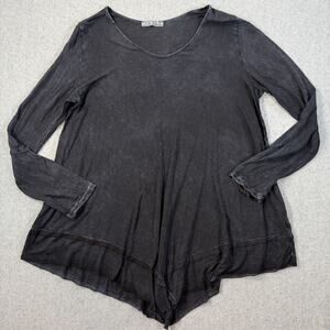 Chatoyant Women Large Washed Charcoal Black Asymmetrical Hem Pullover Tunic Top